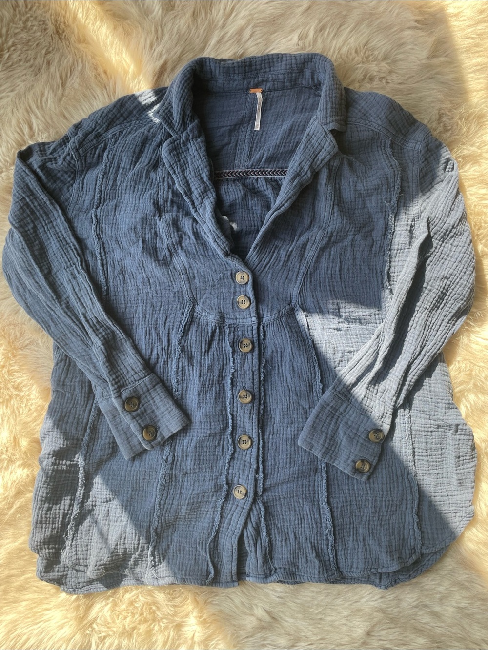 Free People Slate Blue Crinkled Button-Front Tunic